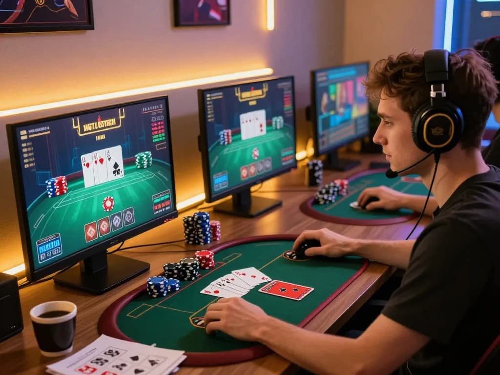 Engage in pragmatic online poker strategy with focused gameplay on multiple screens.