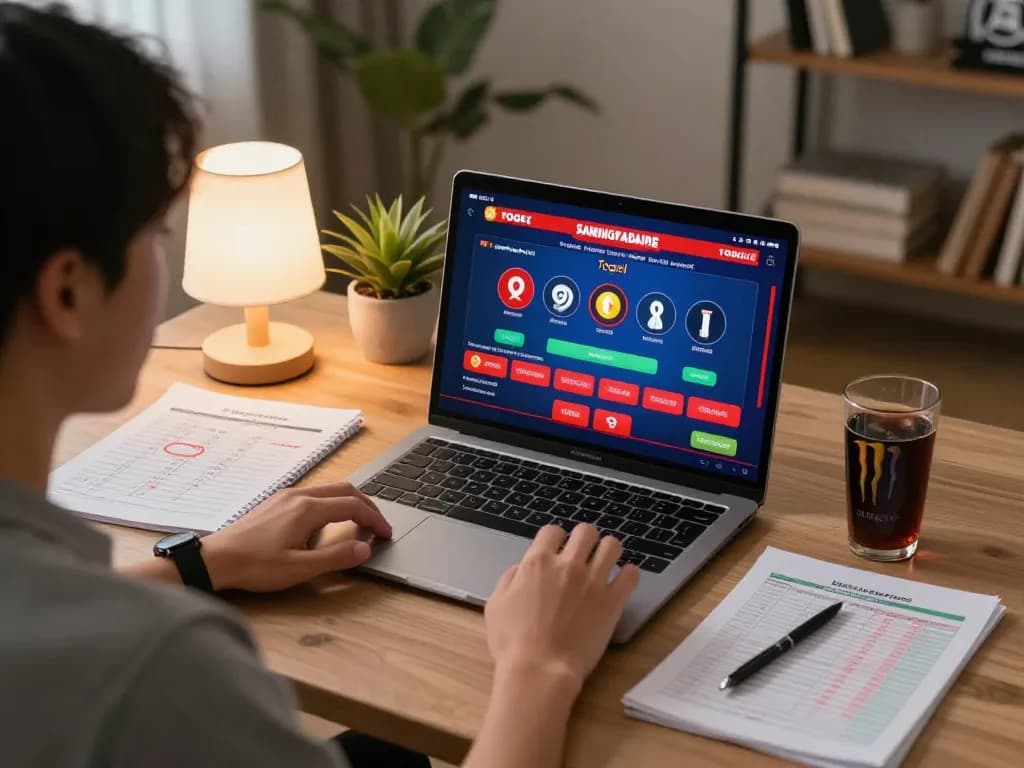 Togel Singapore online gameplay in a cozy home setting with a focused player managing bankroll.