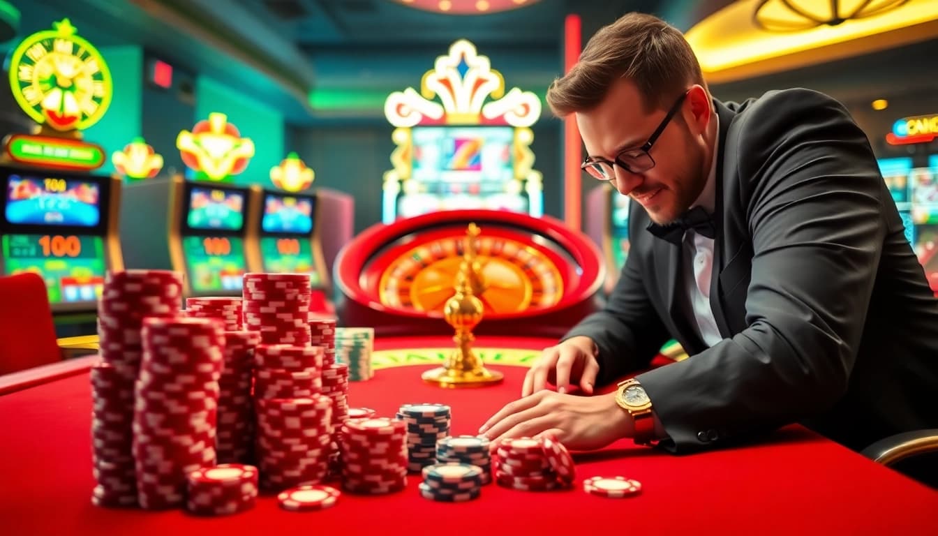 Mengajak pemain menggunakan Datukwin Alternatif di meja kasino online mewah dengan chip poker dan mesin slot yang berwarna-warni.
