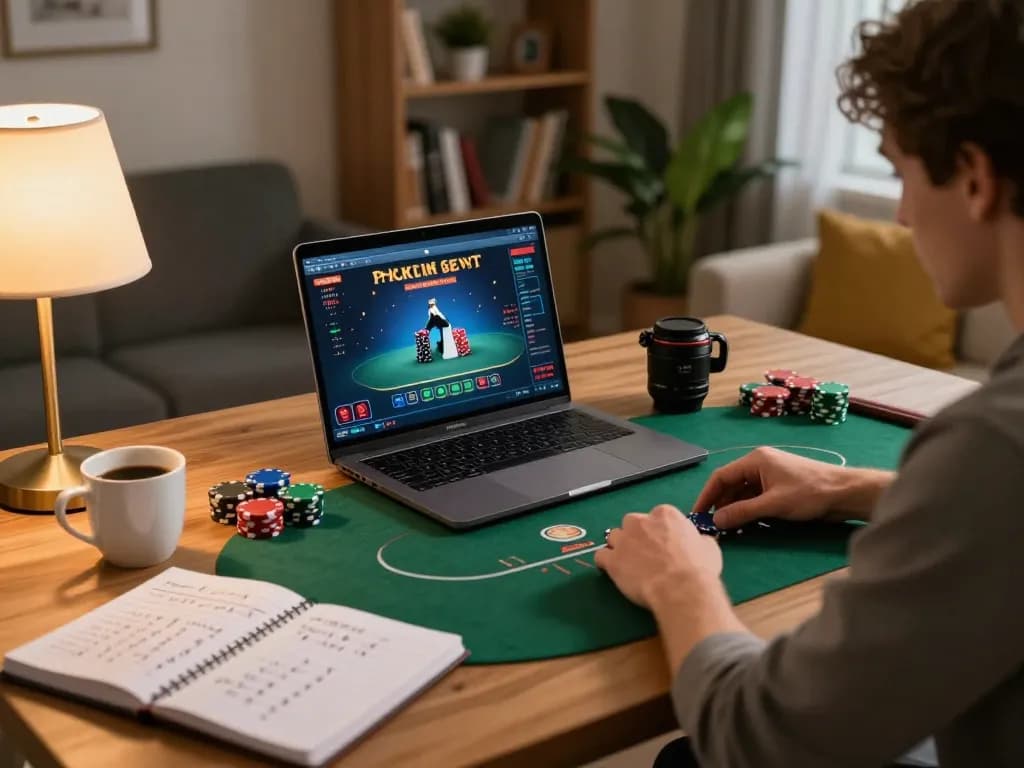 Enjoying a thrilling poker game on nego77 through an online casino setup at home.