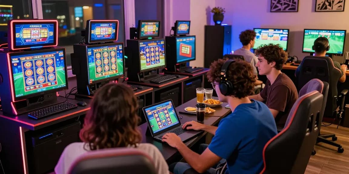 LUCK8 engaging friends enjoying online gambling with vibrant visuals and snacks.