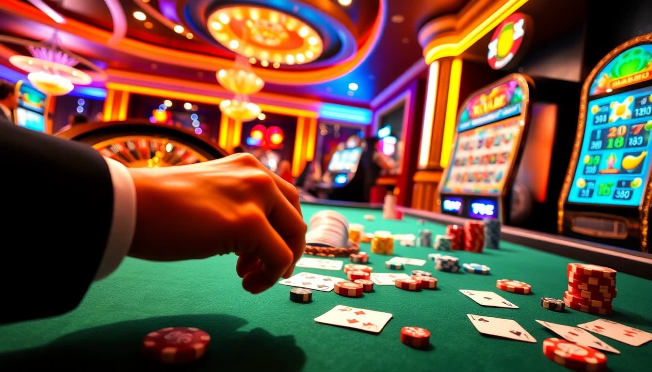 A player betting on tg 88 at a luxurious casino table, surrounded by colorful chips and cards.