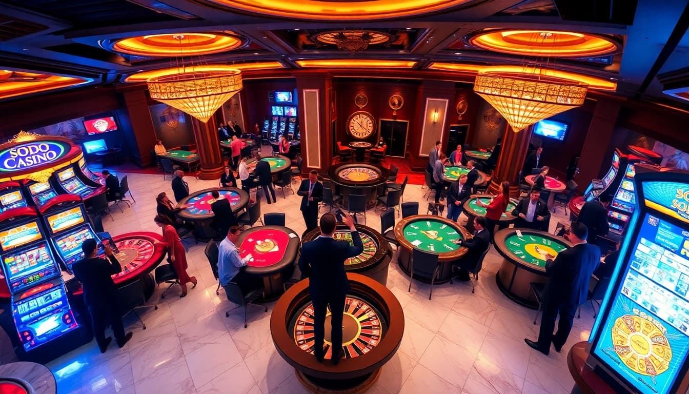 SODO CASINO engaging players enjoying vibrant poker and roulette action in a luxurious setting