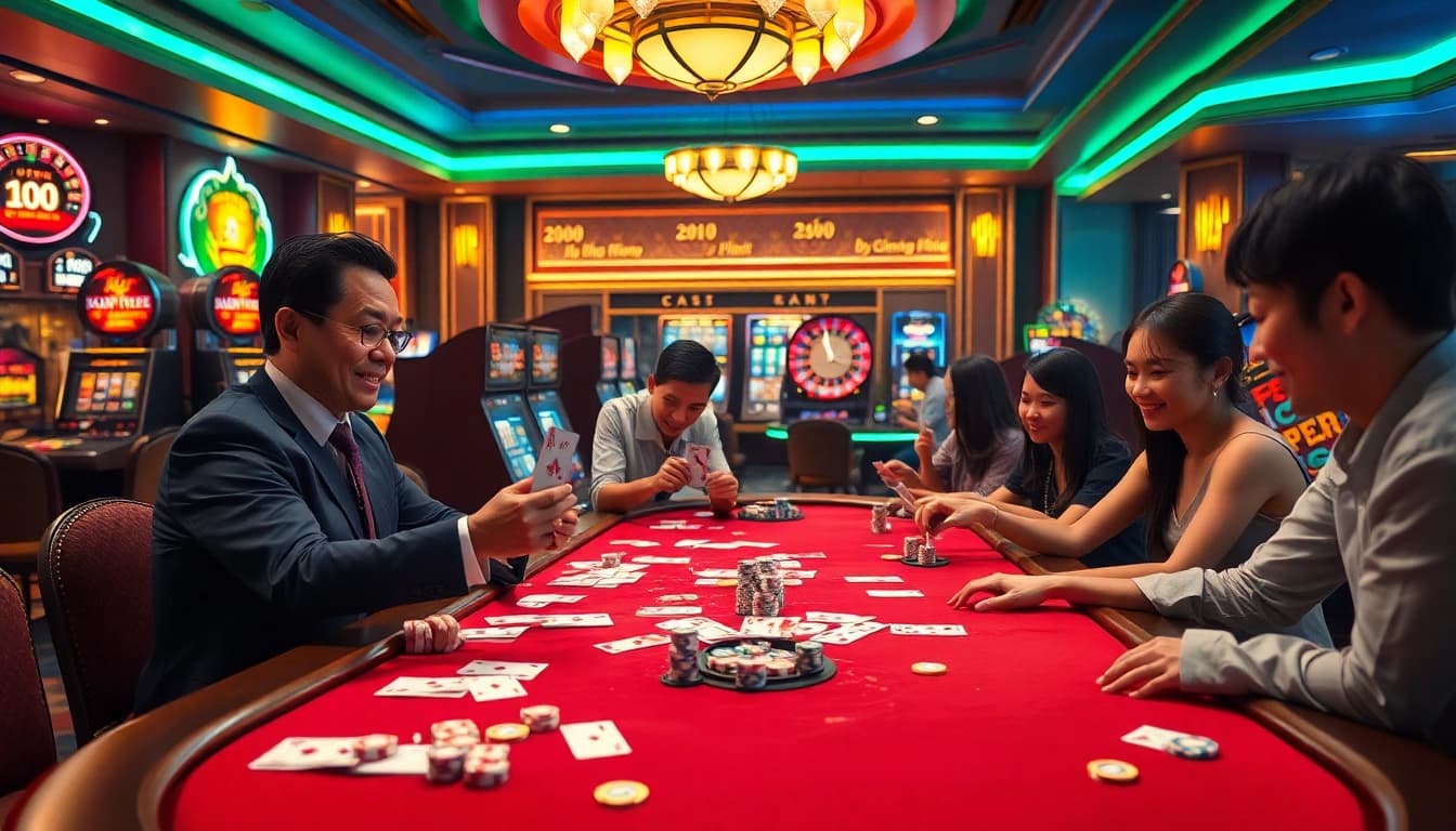 A vibrant casino scene showcasing players engaged in lô đề uy tín with lively gaming elements for a thrilling experience.