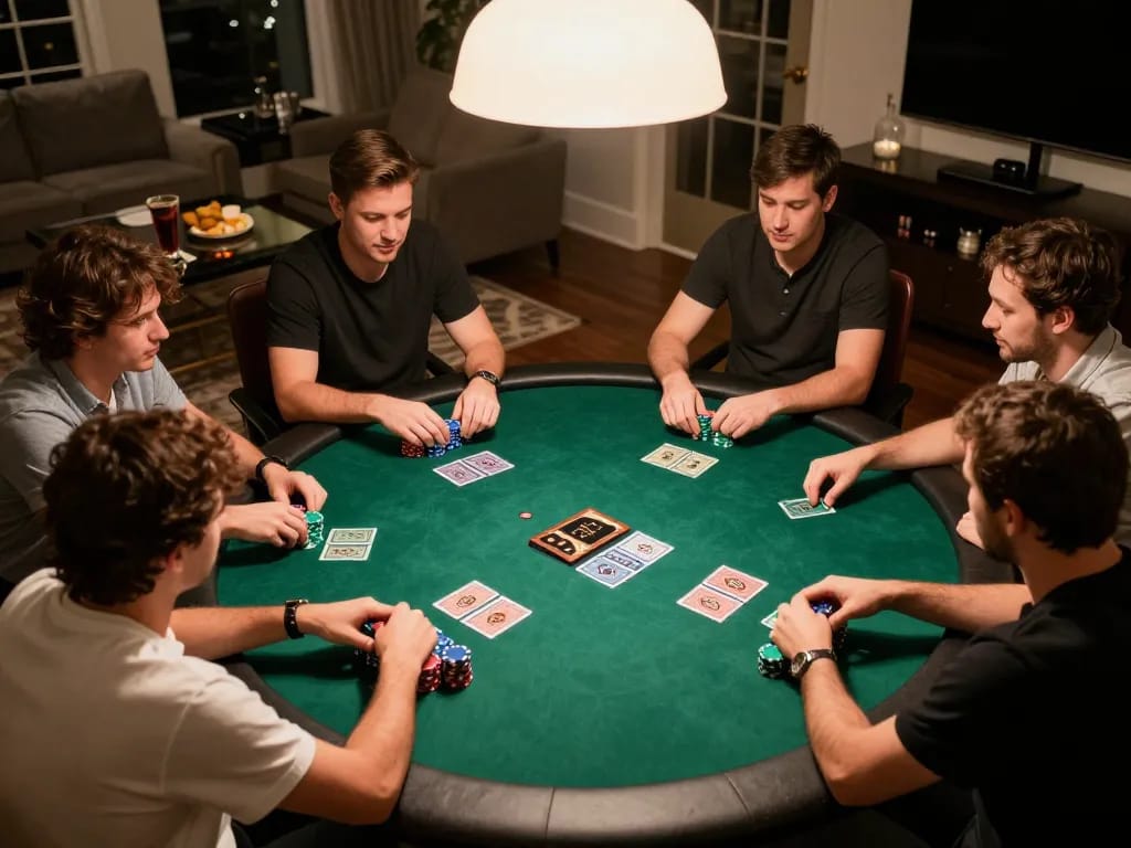 Players enjoying a poker game at home, showcasing ww88's strategic gameplay atmosphere and social bonding.