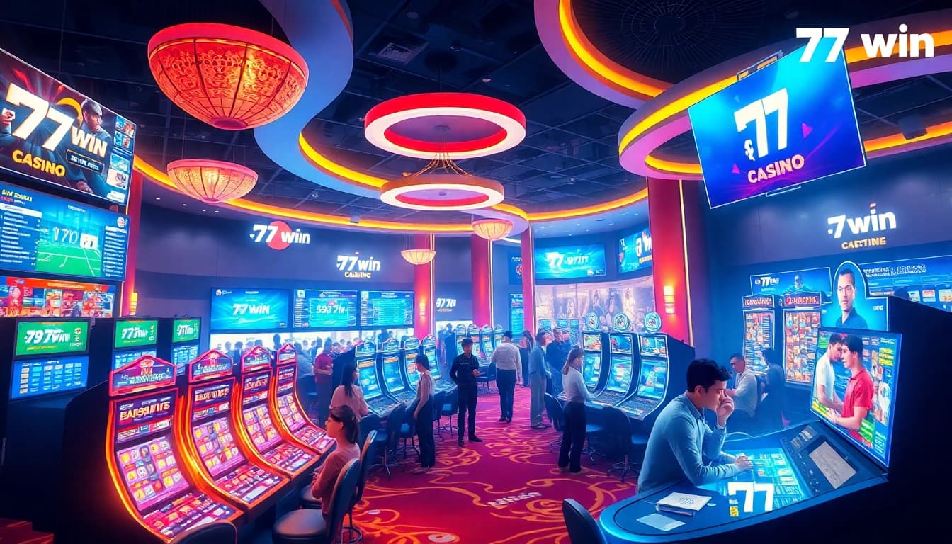 Experience the dynamic online gaming environment of 77win, featuring diverse players and vibrant casino elements.