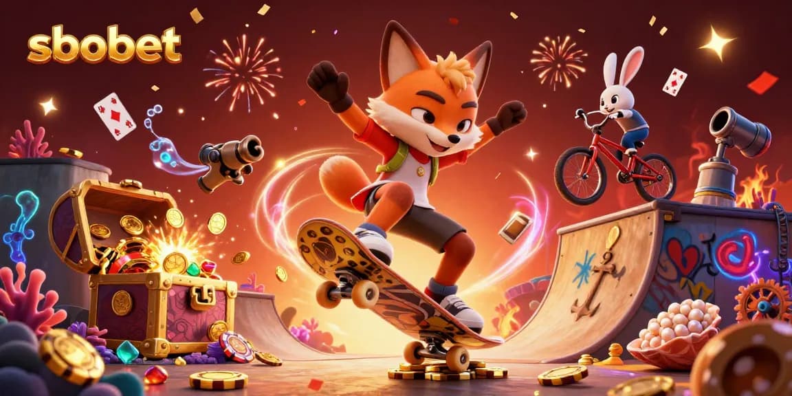 SBOBET offers thrilling betting experiences with an energetic 3D illustration of skateboarding characters in a casino setting.