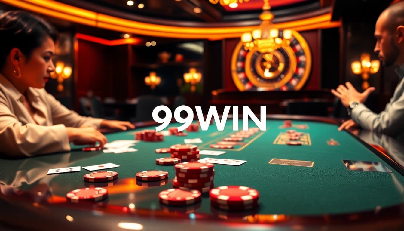 Experience the thrill of gaming at 99WIN, featuring high-stakes poker tables and vibrant casts of chips.