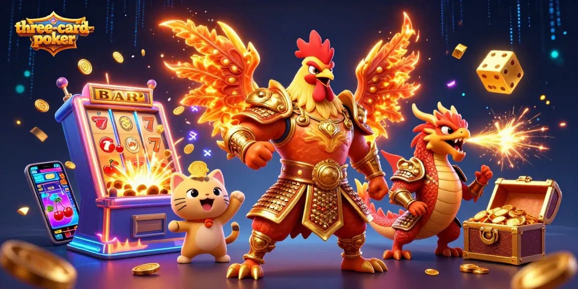 Experience three-card-poker excitement with animated characters and vibrant casino elements
