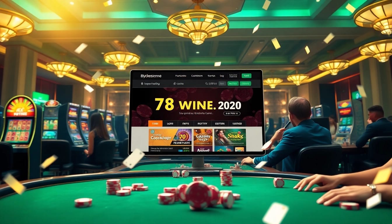 Players engaging in thrilling games at the luxurious online casino platform https://78winel.com/, highlighting excitement with poker chips and vibrant slot machines.