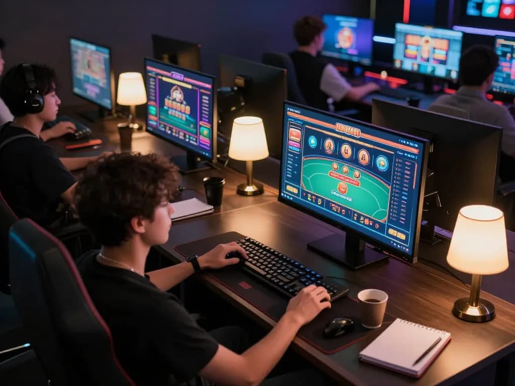 Engaged player using nk88 online casino app on multiple screens, showcasing immersive gaming experience.