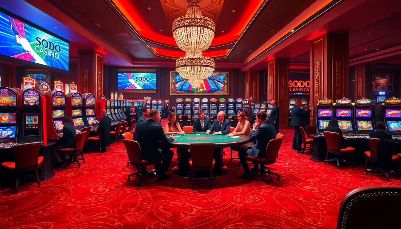 SODO Casino players engaging in a high-stakes poker game under luxurious lighting.
