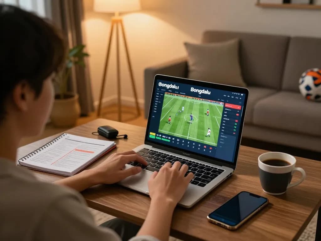 Bongdalu user engaging in online sports betting at home with detailed score interface.