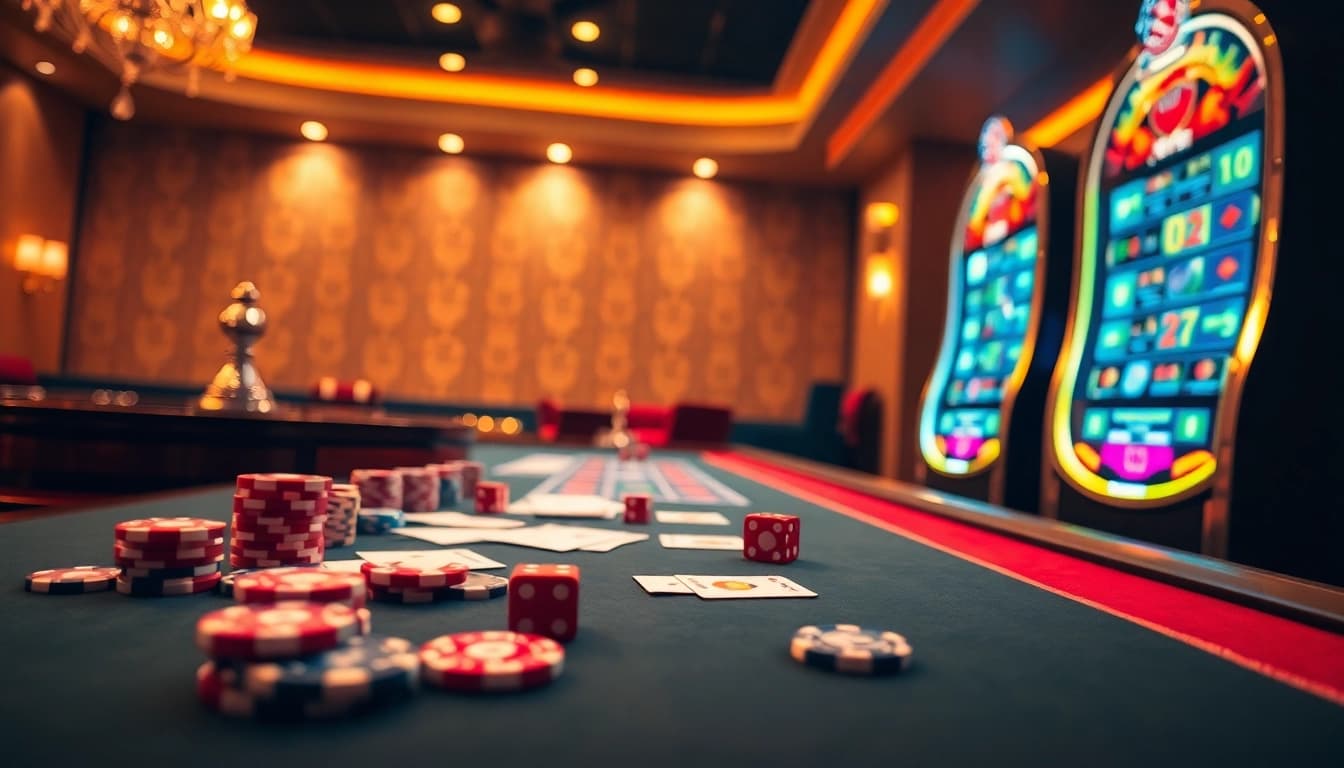 Enjoy thrilling gameplay at OKFUN's top-tier casino with vibrant poker chips and cards.