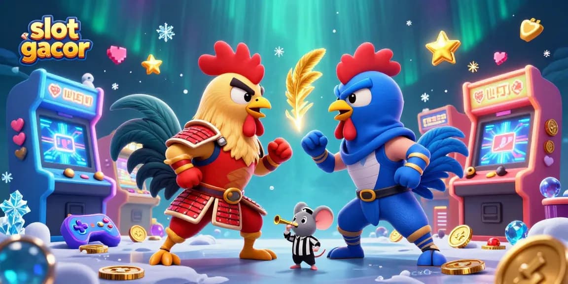 Menangkan slot gacor dengan pertarungan dramatis antara dua ayam kartun 3D di arena dengan elemen permainan warna-warni di sekelilingnya.