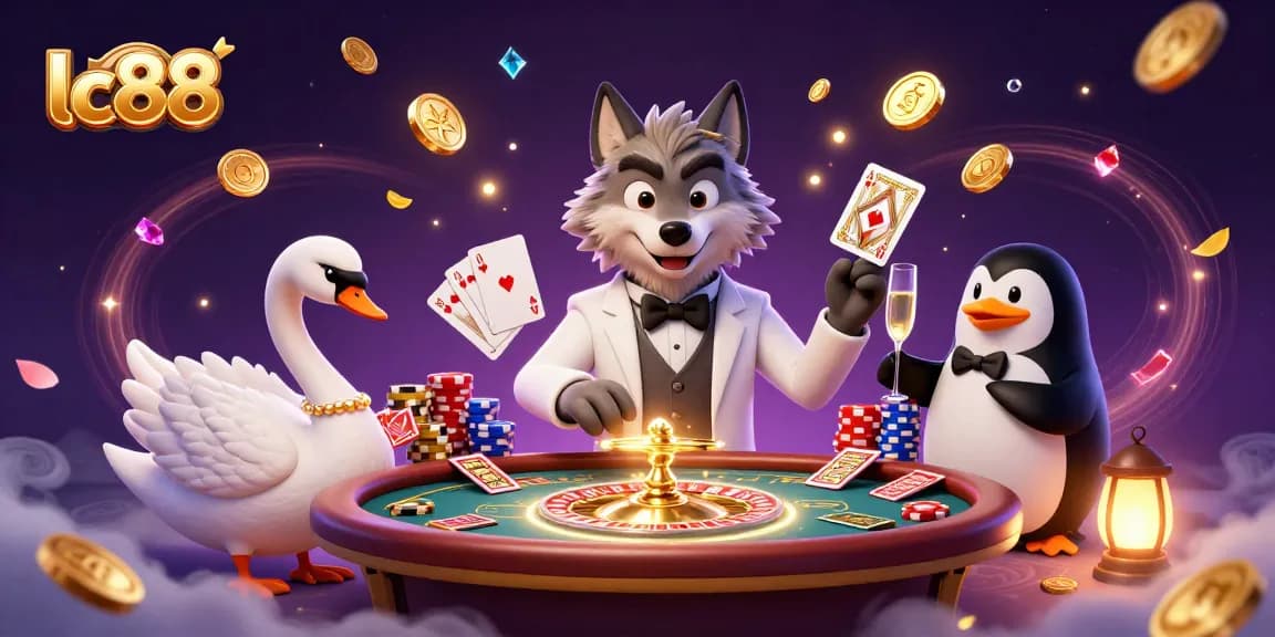 Experience thrilling gaming at lc88's baccarat table with animated characters enhancing the atmosphere.