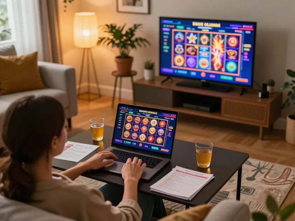 Player enjoying online casino games at home with engholmnds strategies in focus, capturing excitement and responsible gaming
