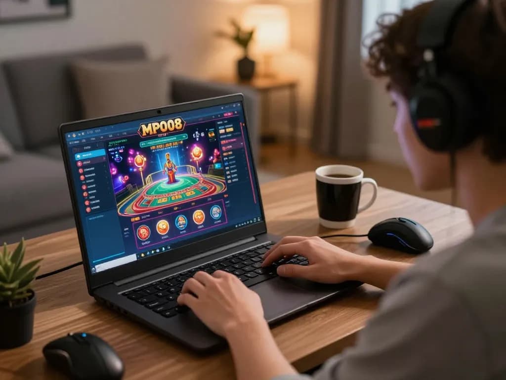 MPO08 player engaging in online casino strategy at a cozy gaming setup.