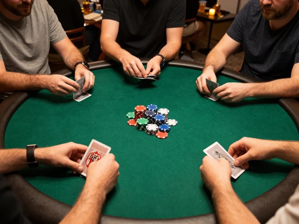 Players strategizing in an engaging home poker night with F168-themed chips and cards.