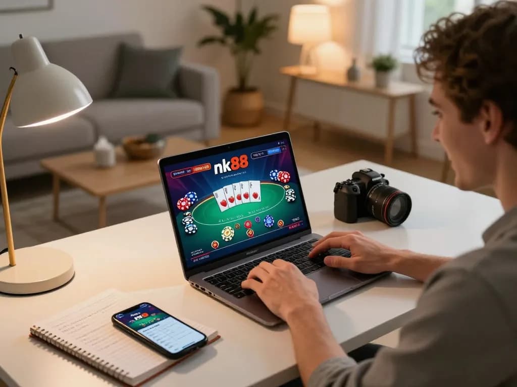 Person playing nk88 poker online with vibrant game interface at home, joyful atmosphere.