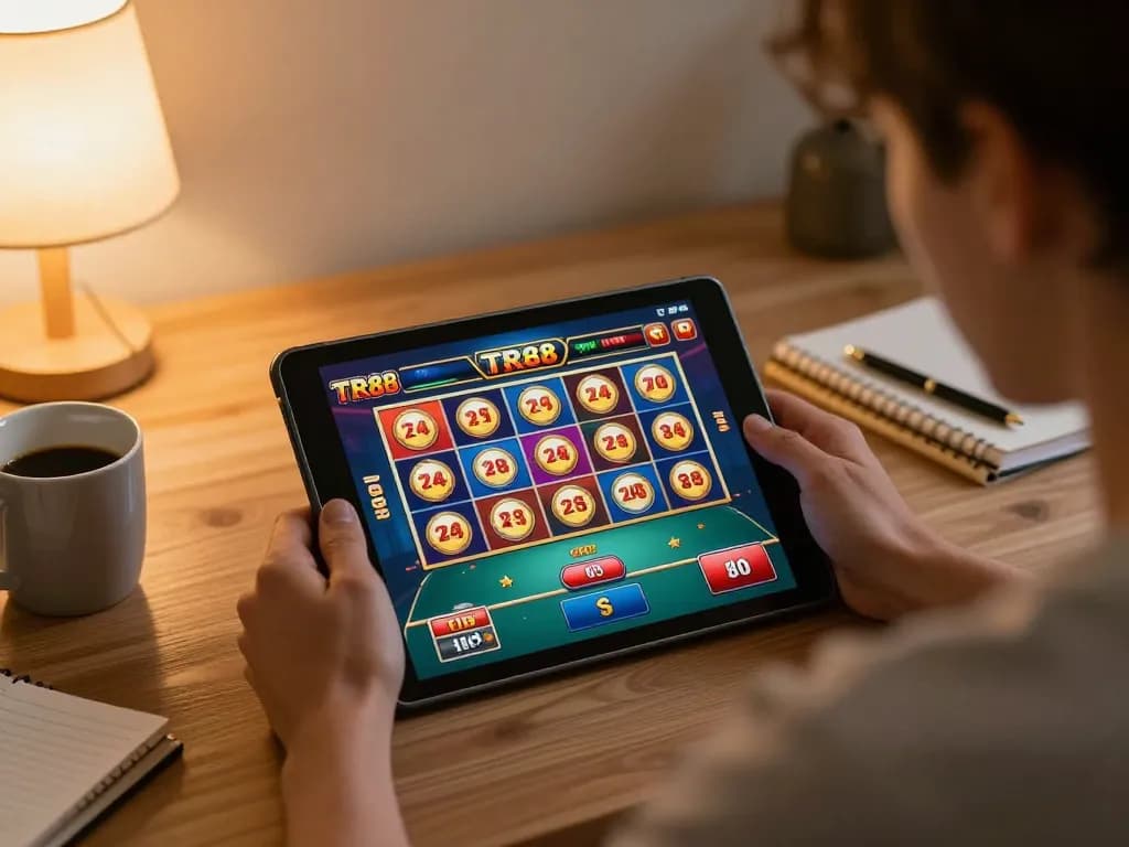 Engaged player enjoying TR88 online games with tablet in cozy home setting.