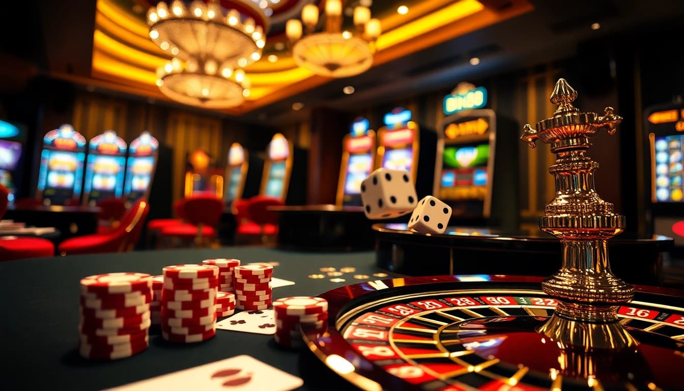 Experience thrilling gambling action with Bin88's vibrant casino setup featuring poker and roulette.