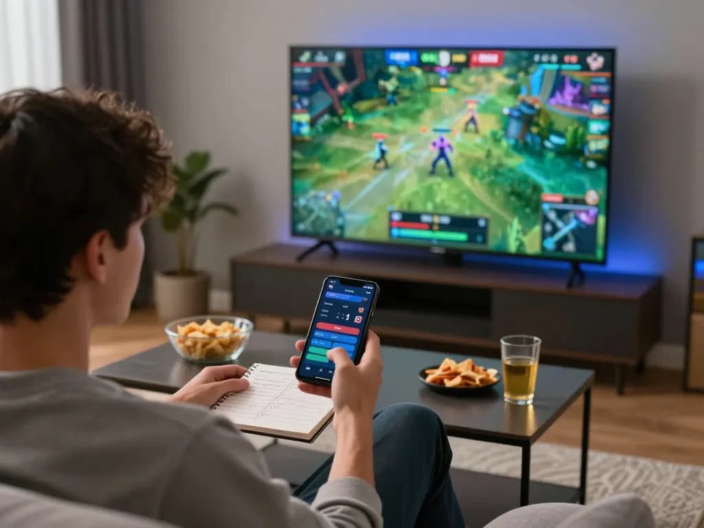 Engaging esports betting scene with a player using tr88 bio mobile app during a live game.