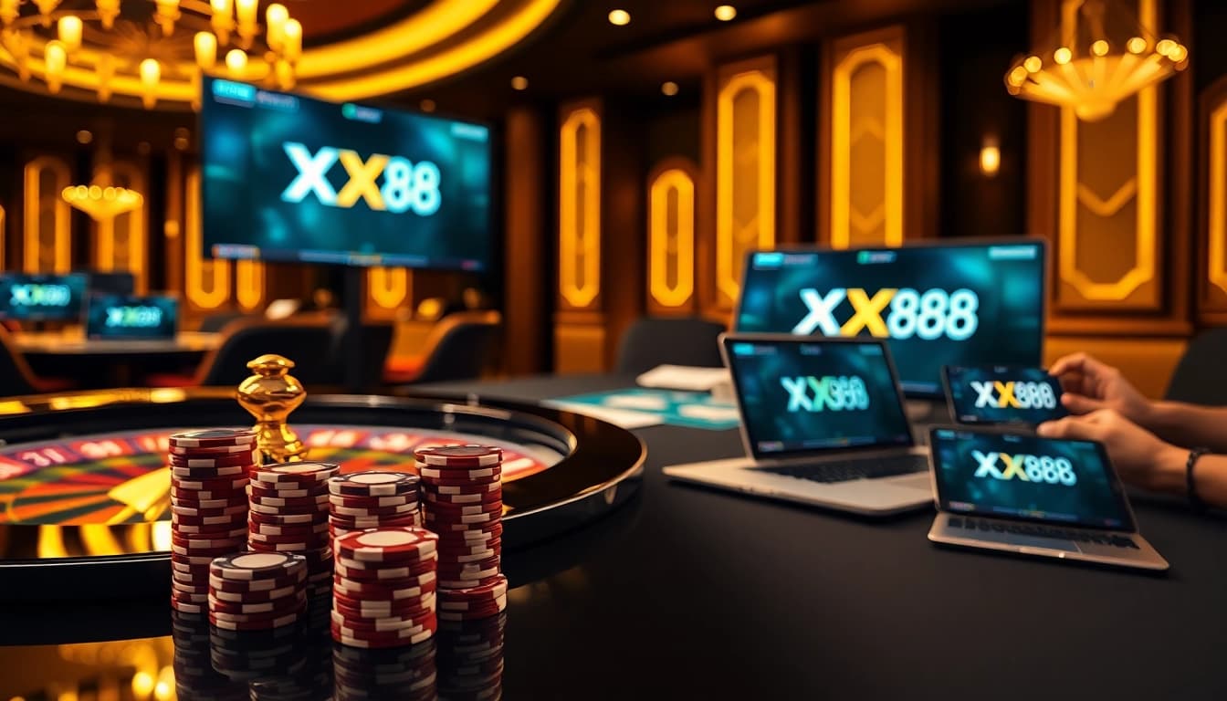 Engaging gamblers at the XX 88 casino game table with poker chips and roulette.