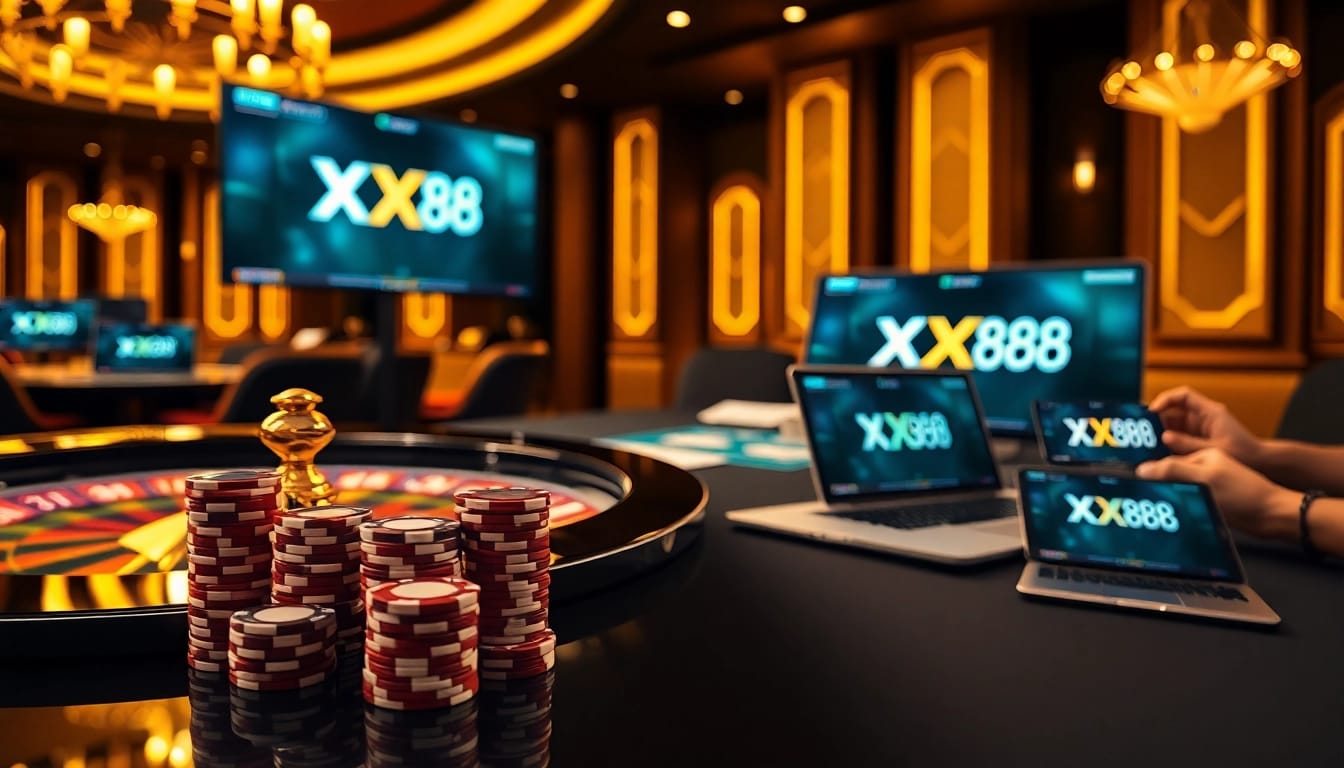 Engaging gamblers at the XX 88 casino game table with poker chips and roulette.