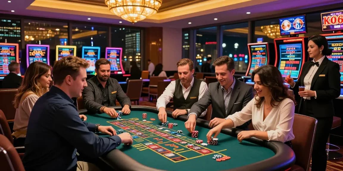 Exciting KO66 casino scene with players at roulette table in a vibrant atmosphere