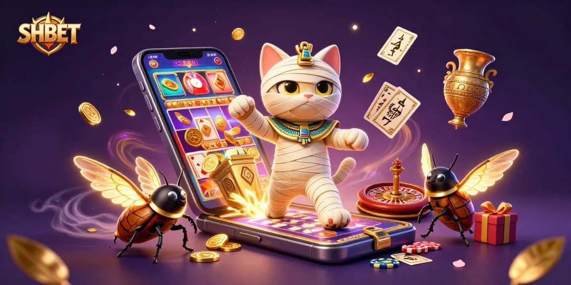 SHBET casino illustration featuring a mummy cat and golden scarab in an exciting gaming scene.