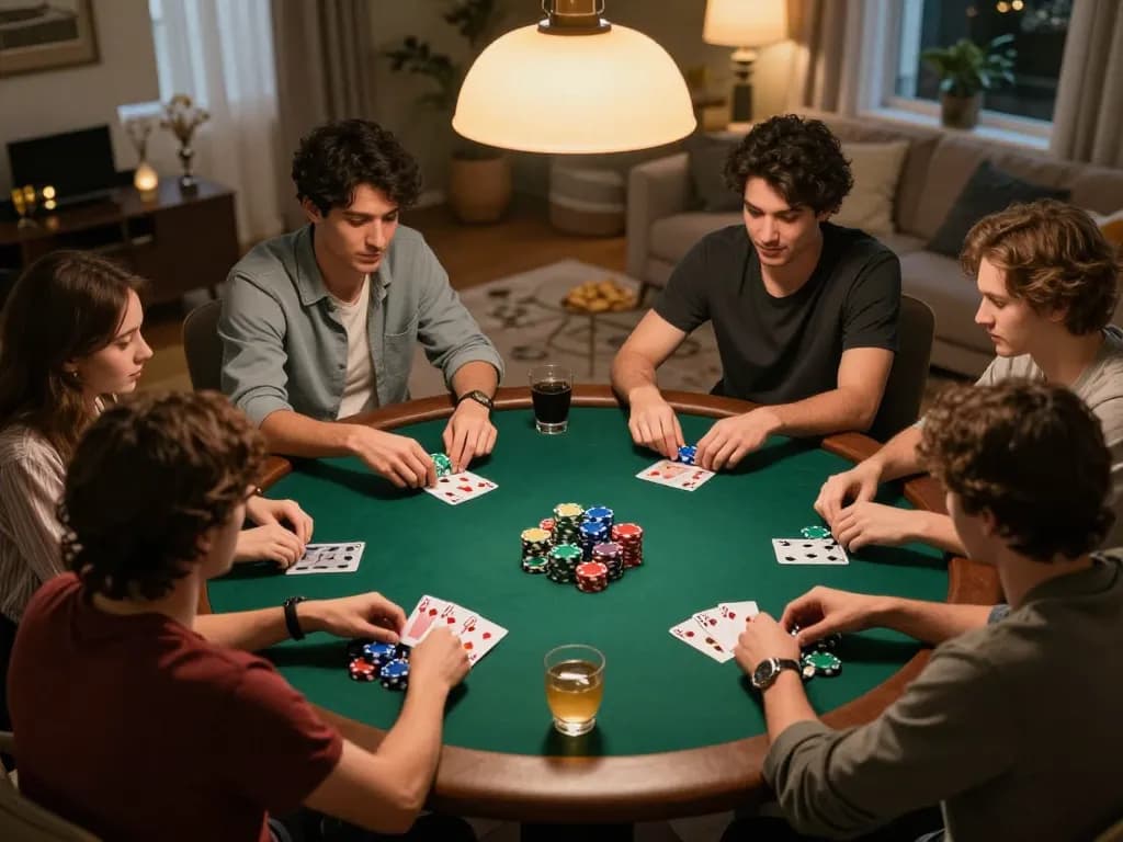 Players enjoying poker at home, strategizing their next moves on peri11 with colorful chips and cards.