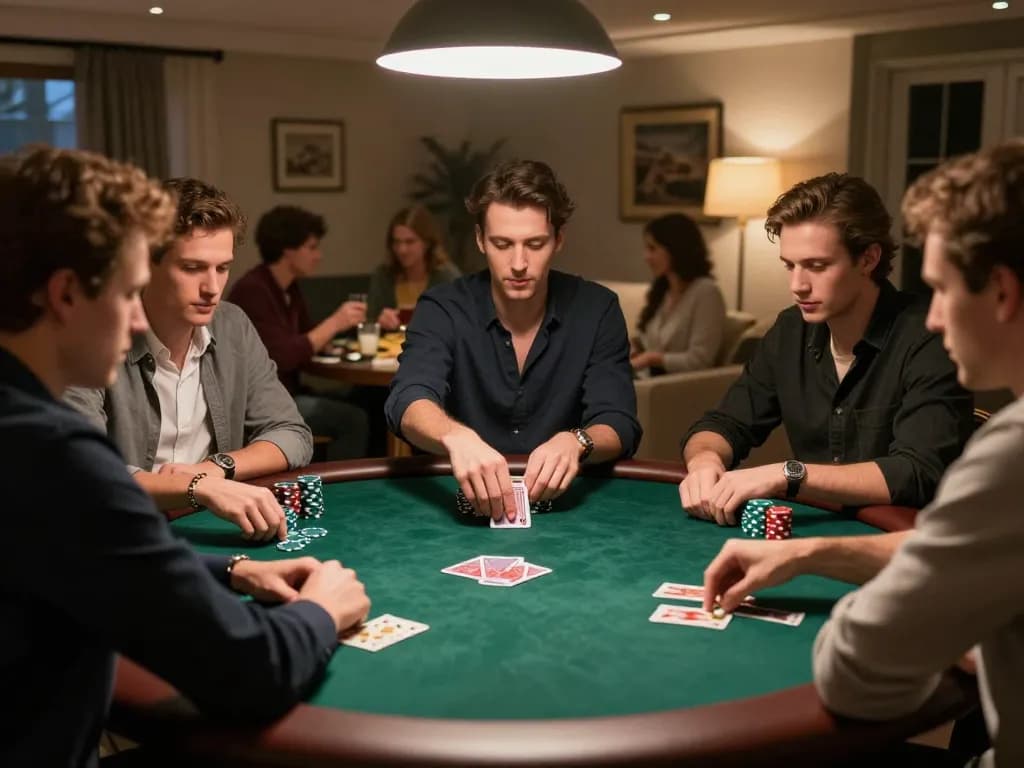 Nego77 players engaging in a strategic poker game at home, showcasing concentration and excitement around a premium table.