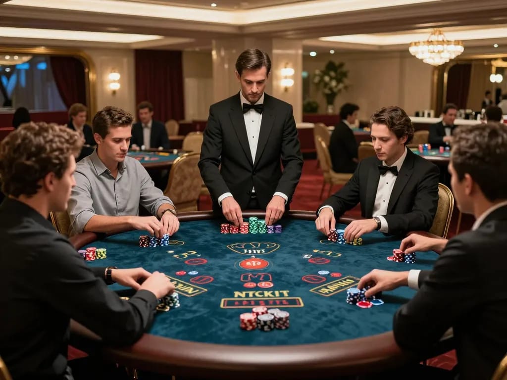 Players enjoying a game at hitclub's stunning baccarat table in a luxurious casino environment.