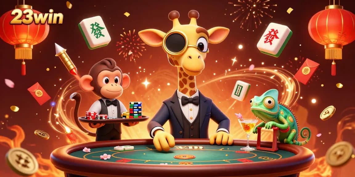 Experience the vibrant gaming world of 23win, featuring a high-roller giraffe and lively casino elements.