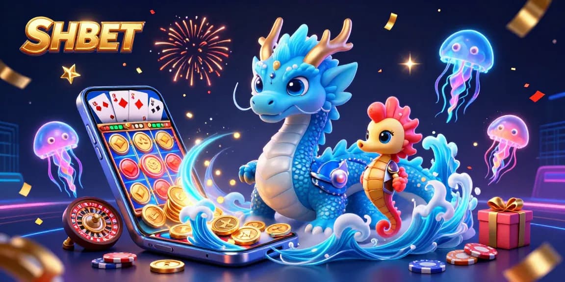 Experience thrilling gaming at SHBET with a captivating 3D casino scene featuring an azure dragon and dynamic game elements.