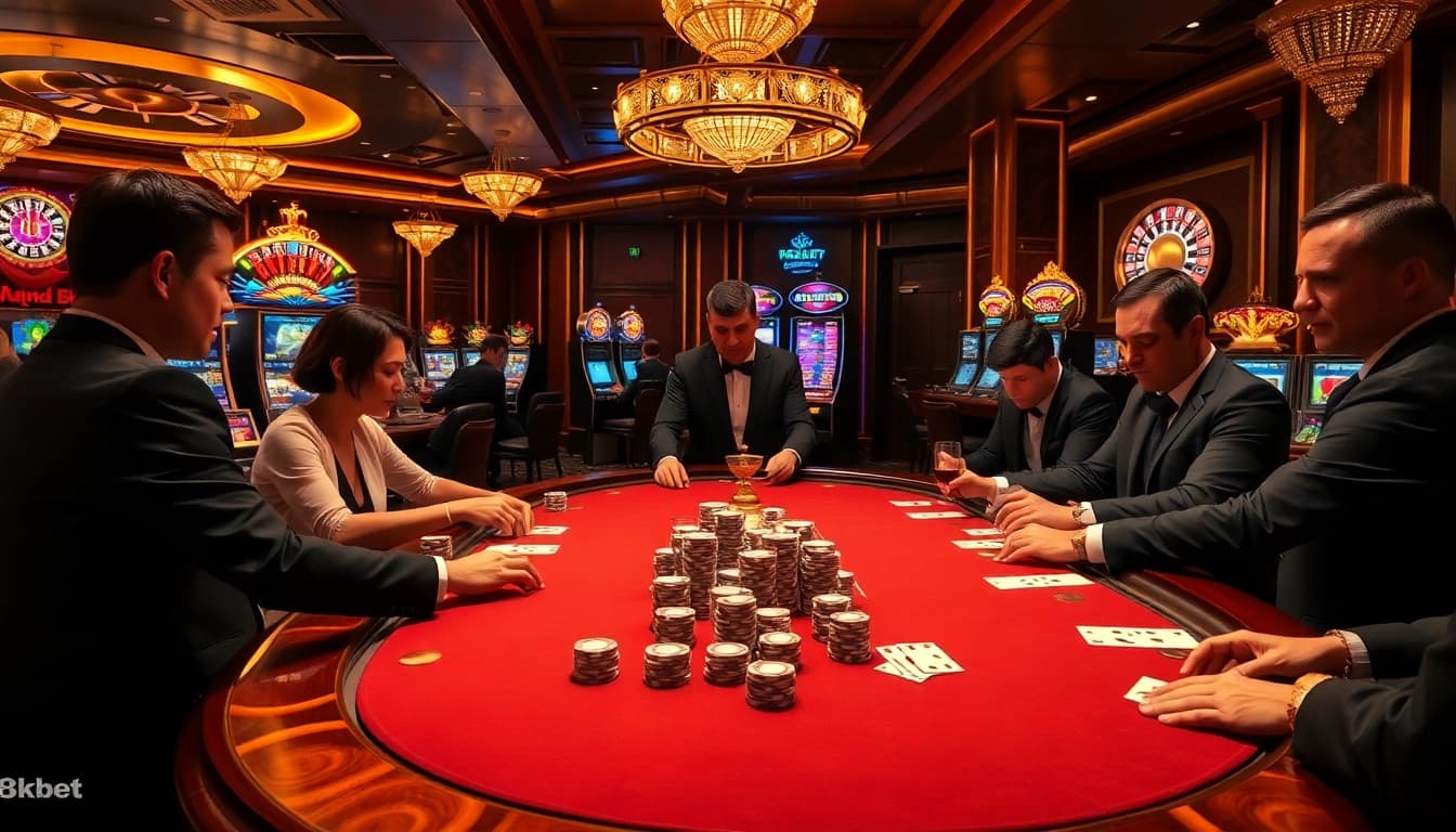 Exciting poker game at 8kbet with luxurious setup and vibrant casino atmosphere