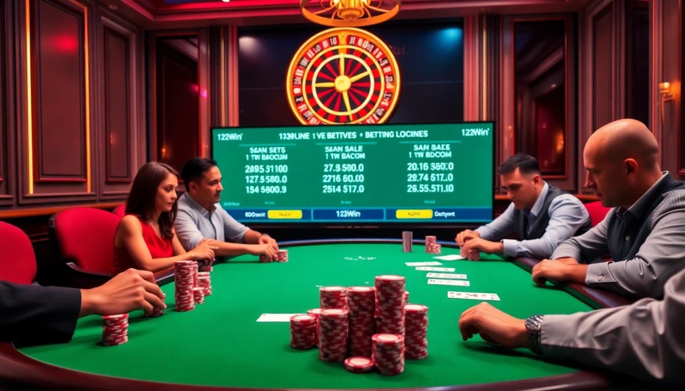 Exciting poker action at 123win casino with chips and cards on a luxe table