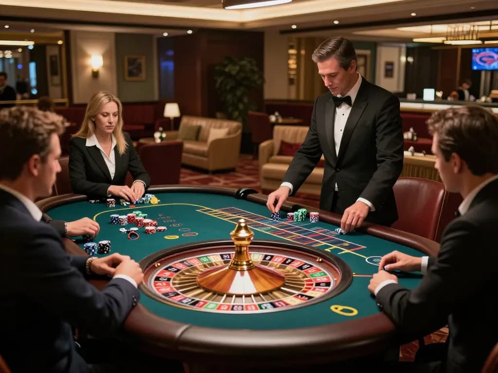 F168 players engaging in an intense roulette game amid luxurious casino decor and vibrant atmosphere.