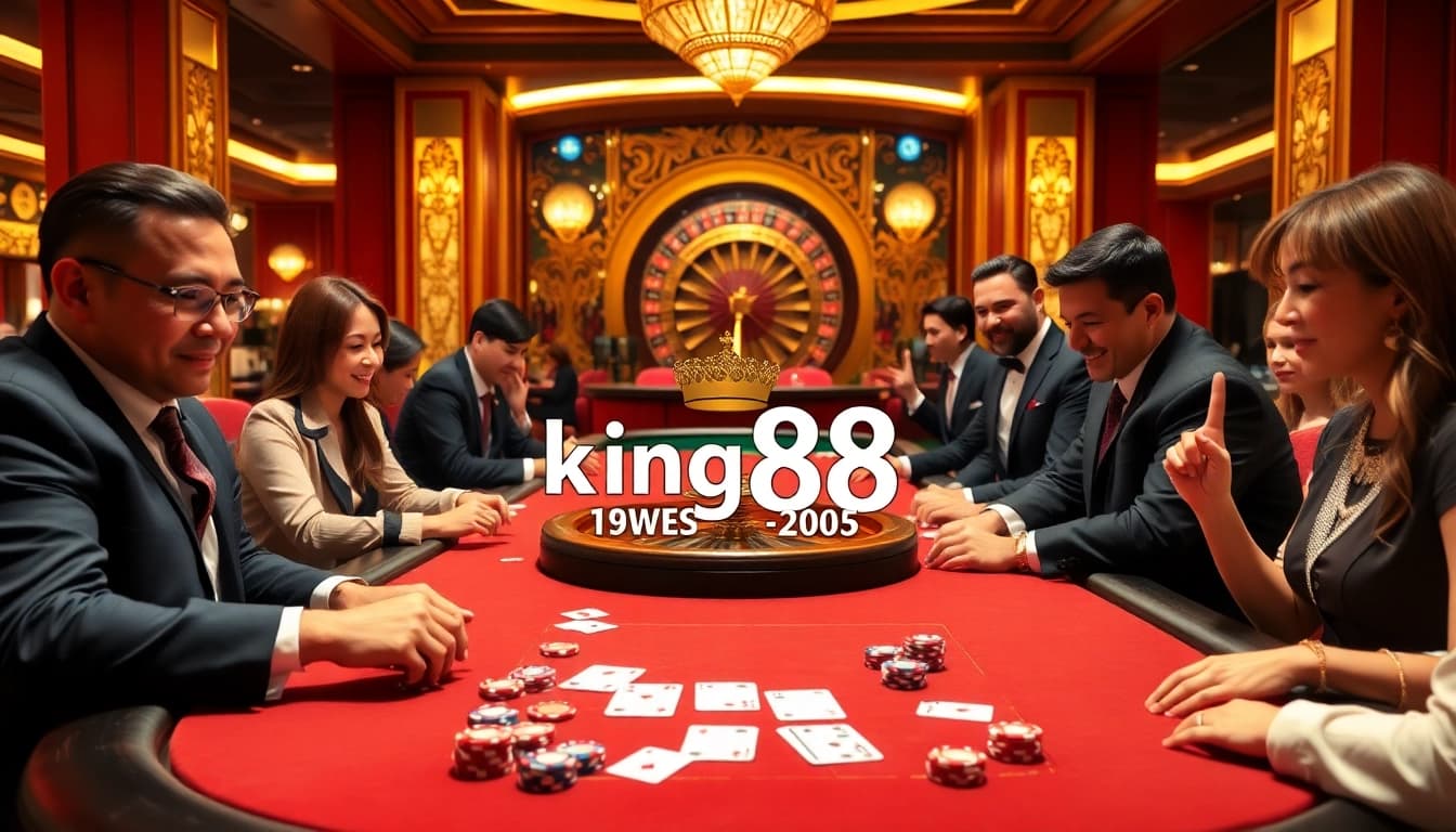 Players enjoy a thrilling game at king88's luxurious poker table, surrounded by vibrant casino decor.