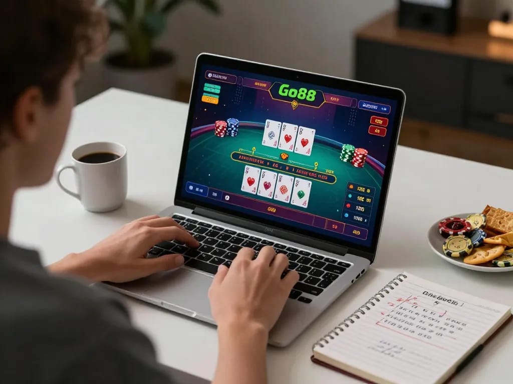 Engaging in Go88 live baccarat game on a laptop with betting strategies in view.