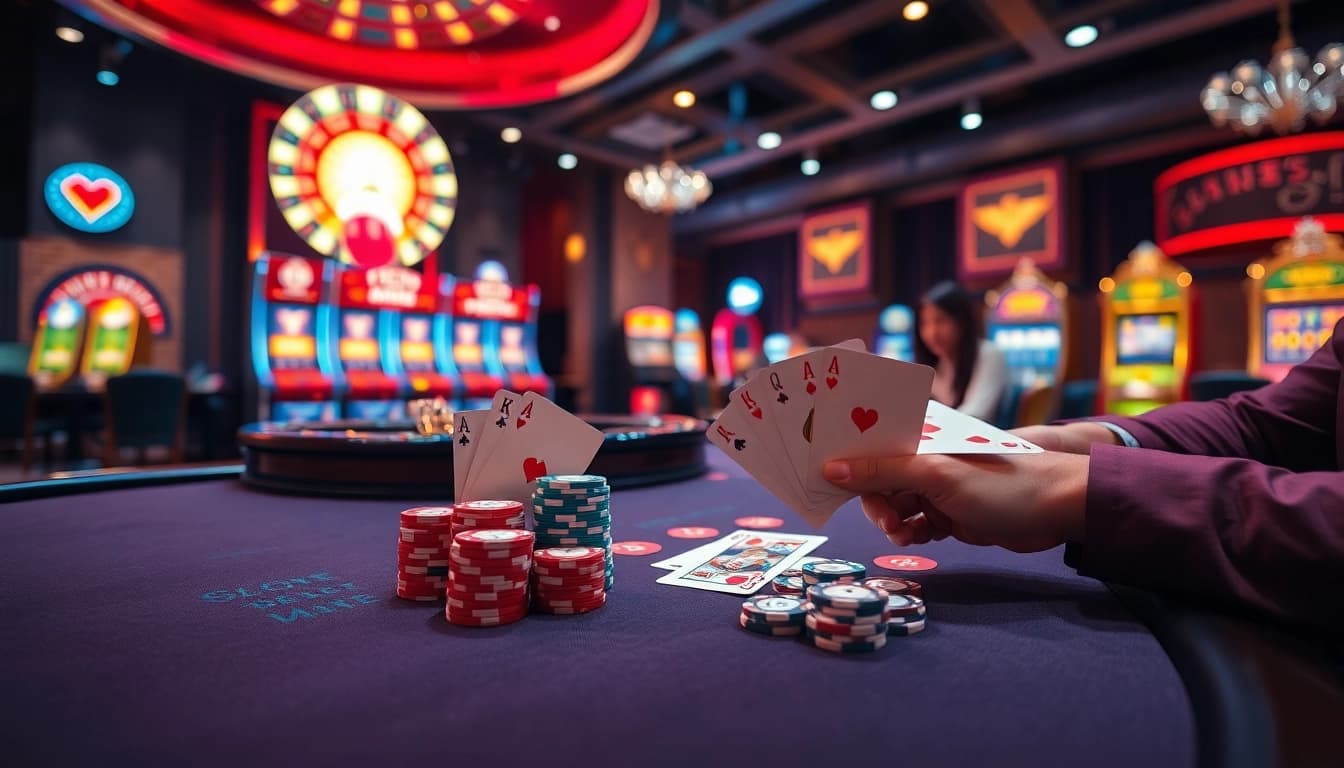 Excited players compete in a high-stakes poker game at 6FF casino with colorful chips and a spinning roulette wheel.