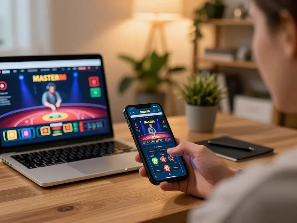 Bermain game dengan aplikasi MASTER88 di smartphone dalam setup rumah yang nyaman, mencerminkan perjudian yang bertanggung jawab.