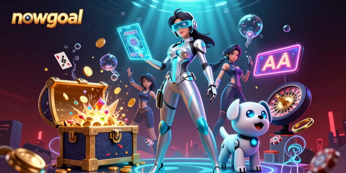 Experience real-time updates with nowgoal's vibrant casino-themed 3D illustration featuring a character and robot.