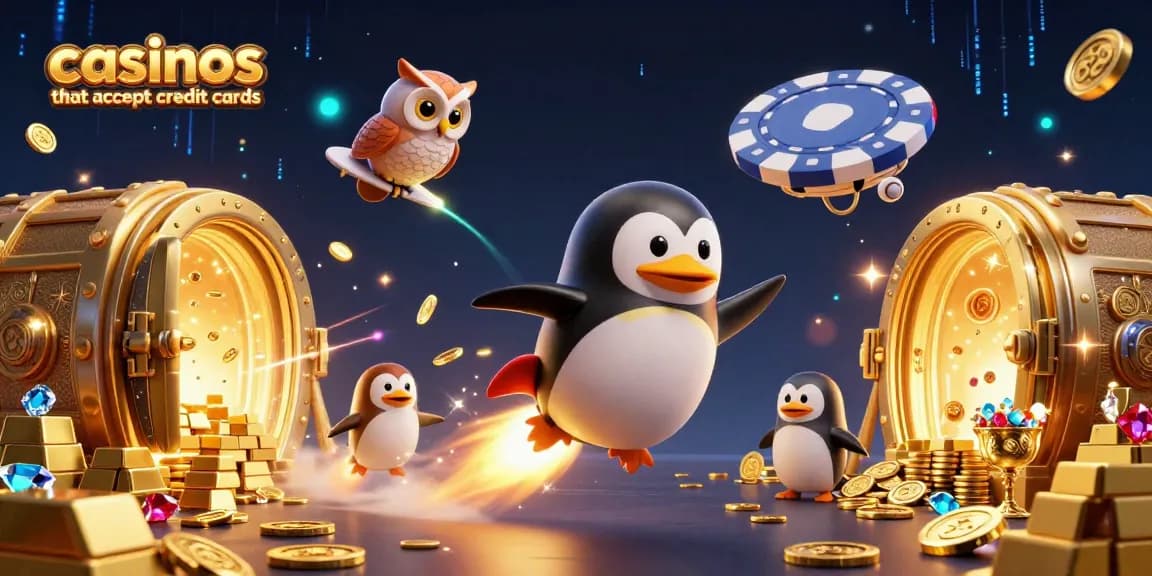 Engaging artwork of casinos that accept credit cards showing a golden penguin and casino elements.