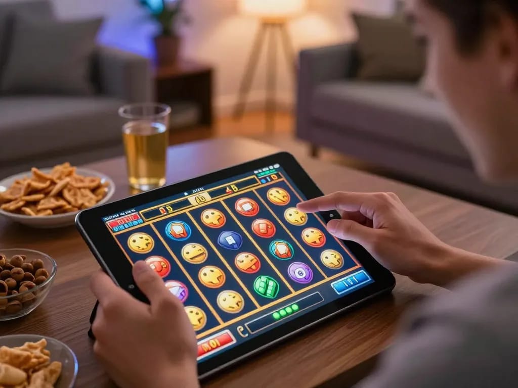 Excited player enjoys online slots on a tablet, engaging with 88aa gambling experience at home.
