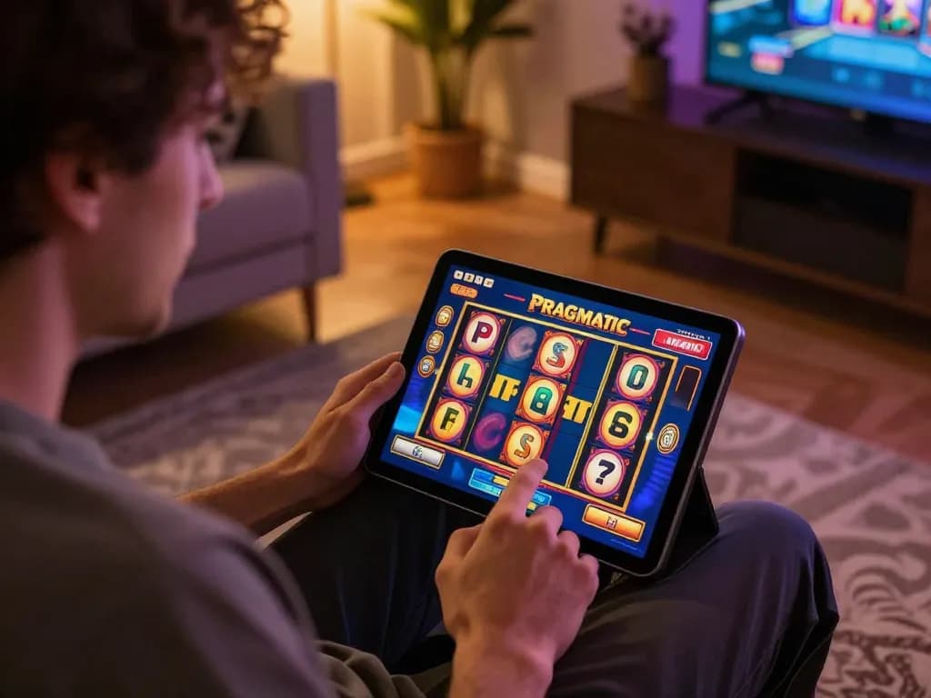 Engaged player spinning Pragmatic Slot reels on a tablet in cozy living room.