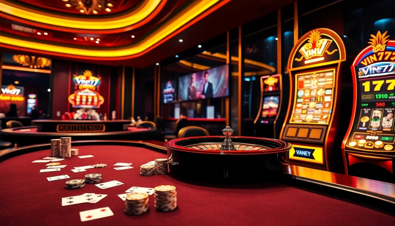Experience the thrill of Vin777 online gaming with vibrant casino visuals featuring poker chips and a roulette wheel.