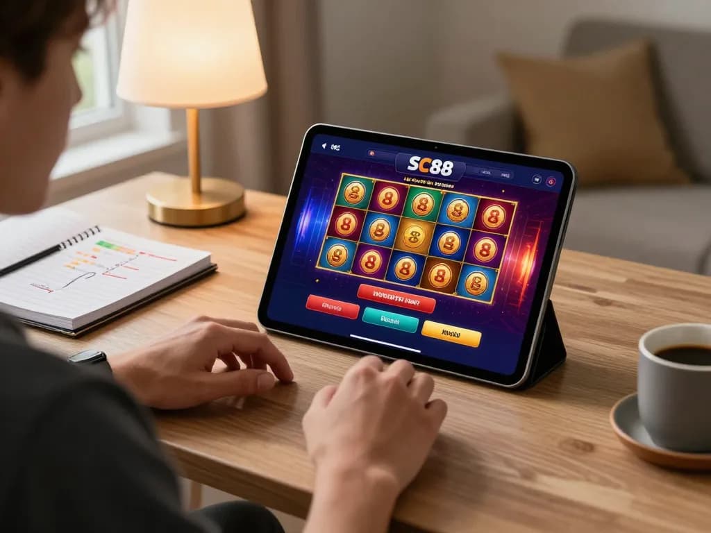 Engaging with SC88 casino app, showcasing strategic play in a cozy home setup.