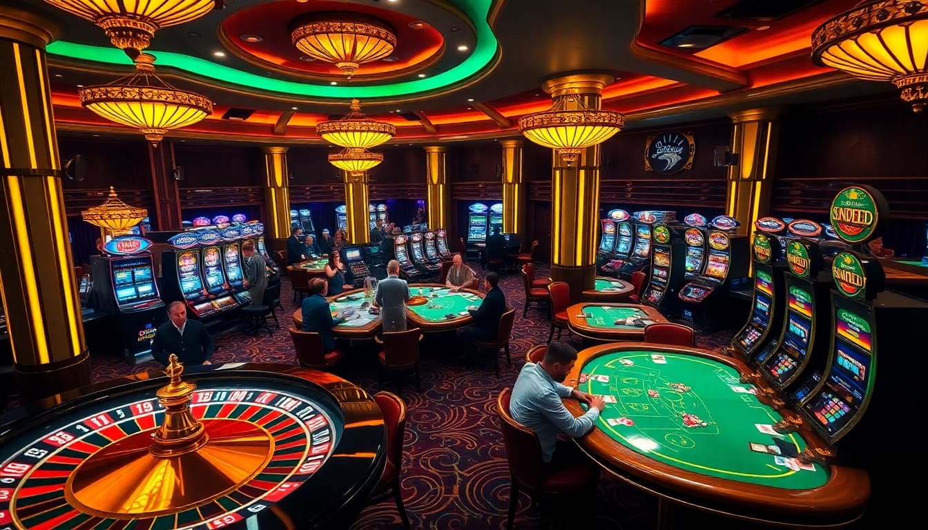 Engaged players at a luxurious casino with Okking gaming tables and vibrant slot machines in view.
